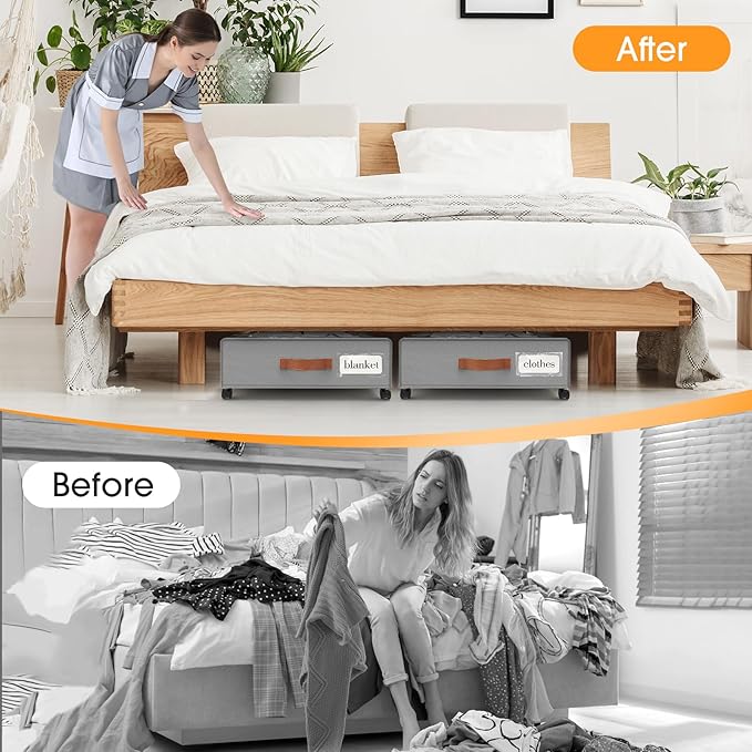 Under Bed Storage with Wheels 2Pack Underbed Storage with Clear Window&Label Under Bed Drawers Large Capacity Rolling Under Bed Storage for Clothes,Shoes, Blankets (Light Grey)