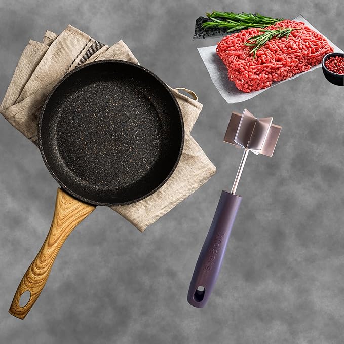 2 pc box set - Large Stainless Steel Meat Chopper & mini Avocado Masher - with Heavy Duty Handle & Mashing Head for Beef, Turkey and More – Dishwasher Safe (Midnight Plum 10"/Zippy Green Mini)
