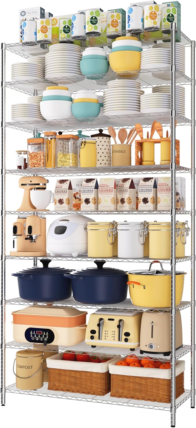 Finnhomy 9-Tier Wire Shelving Unit Adjustable Steel Wire Rack Shelving, 14x36x82 Inches 9 Shelves Metal Storage Rack, Pantry Shelves for Storage, Metal Garage Shelves with NSF Certified, Chrome