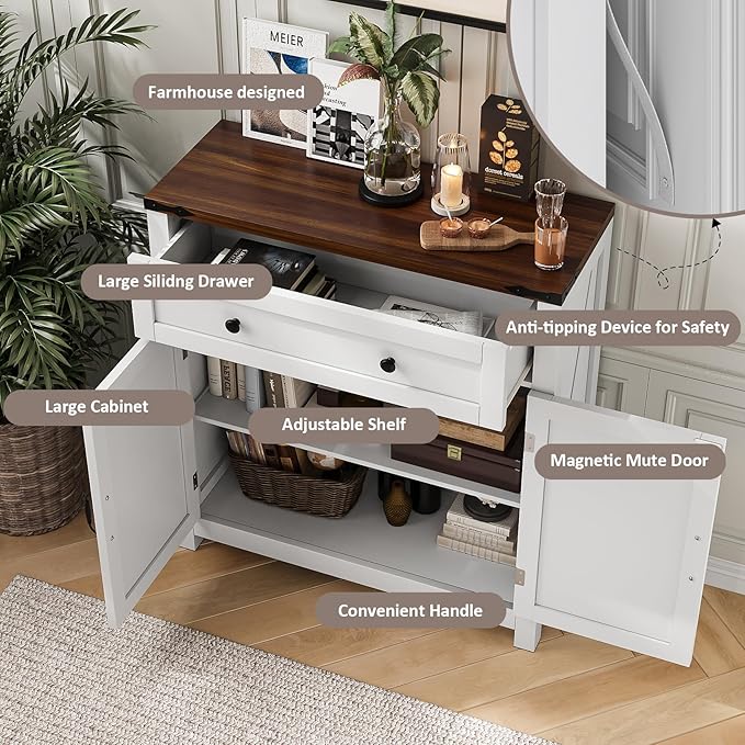 Mino Kesper Farmhouse Storage Cabinet with 2 Doors, White Kitchen Cabinet with Walnut Countertop, Freestanding Floor Storage Cabinets Hutch Cupboard