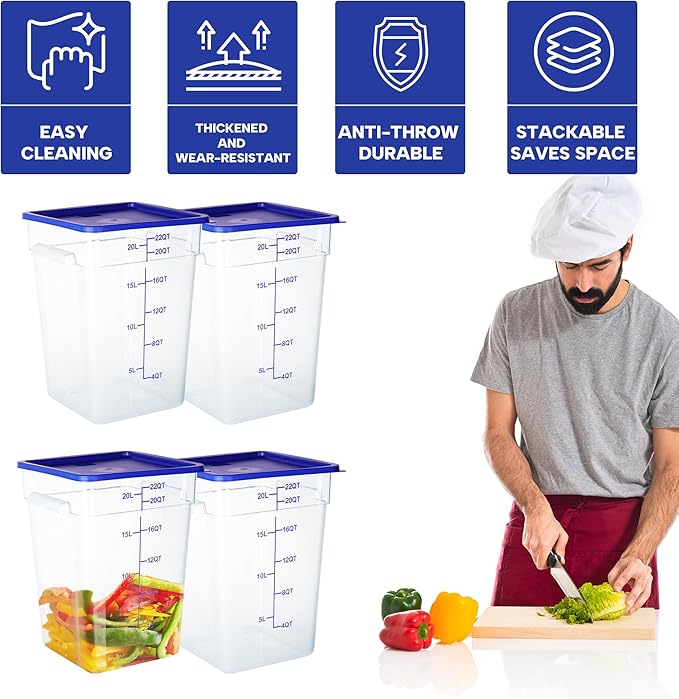 BIEAMA 4 Pack Food Storage Containers, 22 Quart with Lids, Square Commercial Containers with Scale, NSF, Polycarbonate, Clear
