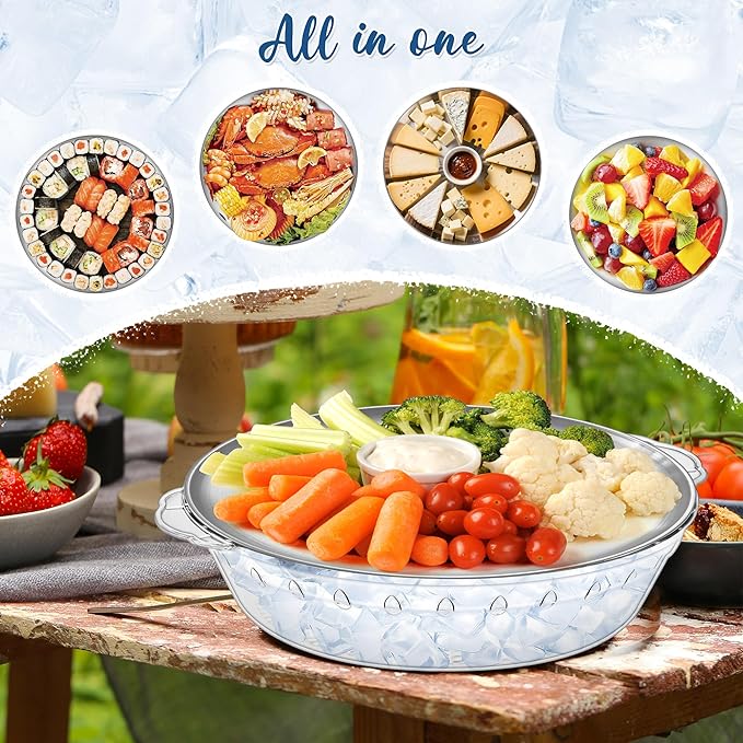 FRUIID Chilled Serving Tray 4-Pack, 11.8" Compartment Charcuterie Board with Clips & Forks for Parties, Keeps Food Cold for Vegetable Fruit, Cheese, Seafood Shrimp Cocktail Serving Dish