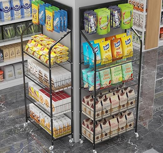 Retail Candy Snack Display Rack, 4-Tier White Metal Storage Shelf Brackets with Wheels & Hooks Multifunctional, Home Theater Concession Stand Snack Shelf Organizer for Pantry Kitchen, White