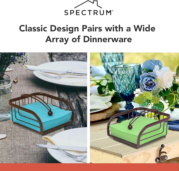 Spectrum Ashley Weighted Napkin Holder Flat Napkin Organizer with Weighted Tension Arm for Kitchen Countertop Dining Table Storage, Heavy Duty Steel Traditional Napkin Dispenser Home Decor, Bronze