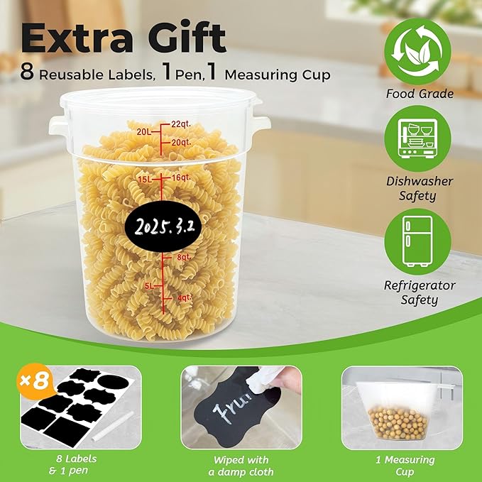 BIEAMA 4 Pack Round Food Storage Containers with Lids, 22Qt Large Translucent Food Container, Polypropylene, BPA Free, Includes Labels & Measuring Cups