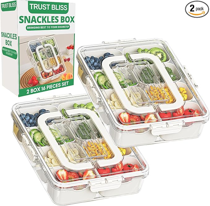 Snackle Box Container, Premium 2-Pack Divided Serving Tray & Lid with 8 Compartments, Large Durable Snackle Boxes for Parties – Snack box container, Perfect for Treats & Gifts (PET)