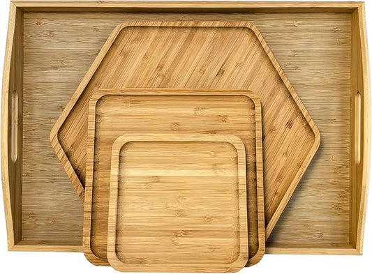 PAFREWOG Bamboo Serving Trays Charcuterie Platter 16.5"x11.8"（42x30cm with Handle, Set Includes 1xHexagon 12.5"(32cm)+1xSquare 7.8"(20cm)+1xSquare 5.9"(15cm) Small Plates for Family Dinner