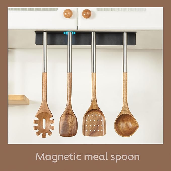 Edergoo 4 PCS Acacia Wood Cooking Utensils Set with Magnetic Hanging Handles Stainless Steel, Heat-Resistant Multi Function Cooking Tools