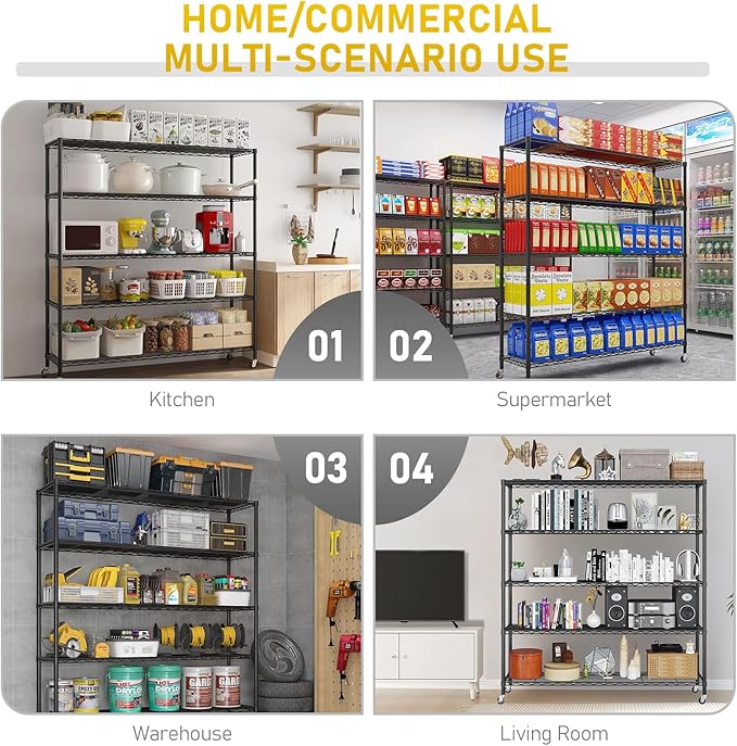 VINGLI 5 Tier Metal Storage Shelves 73''H Wire Shelving with Wheels for Storage Adjustable Heavy Duty Garage Shelving Storage Racks for Pantry Shelves Kitchen Office Garage, 73''H X46''W X17''D