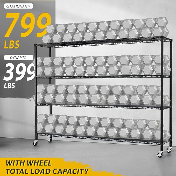 Karl home 4-Tier Metal Storage Shelves, Adjustable Wire Shelving Unit with Wheels & Leveling Feet, Heavy Duty Garage Shelving, Pantry & Kitchen Display Shelf Organizer, Home Storage Rack