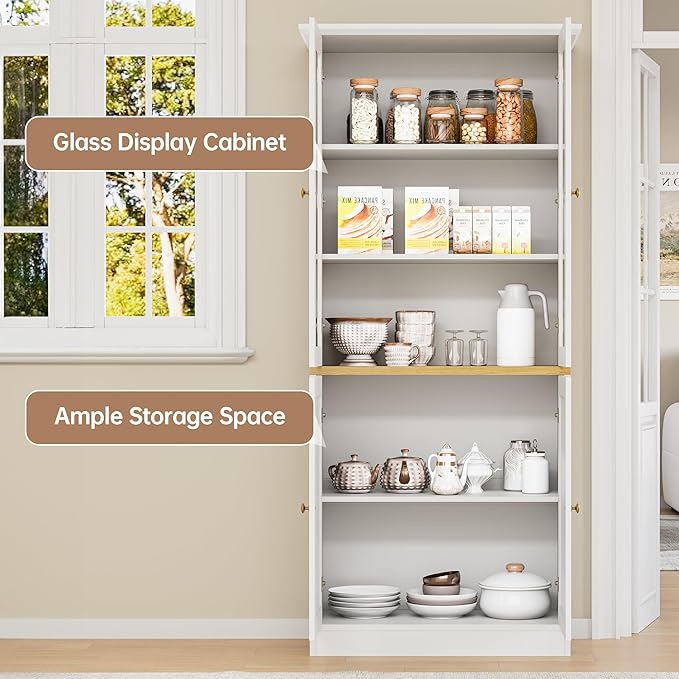 71" Kitchen Pantry Cabinet with Glass Doors, Modern Coffee Bar Storage Cabinet with Adjustable Shelves & Wooden Doors, Freestanding Cupboard for Dining Room or Living Room, White