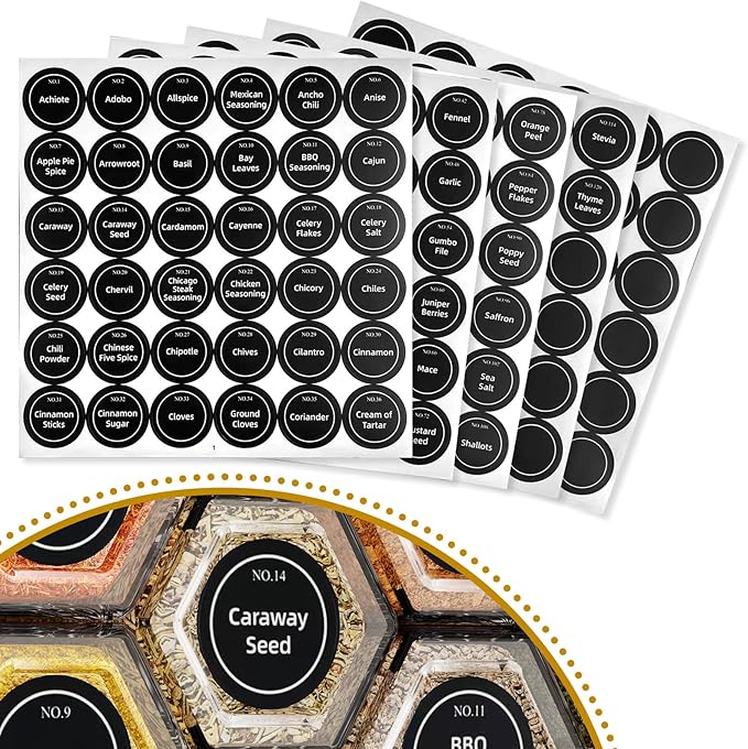 Set of 18 Magnetic Glass Spice Tins with 100 Preprinted Seasoning Label Stickers (Include Black Metal Wall-Plates)