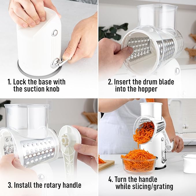 Zulay Kitchen Rotary Cheese Grater 5 Blade Cheese Shredder - Manual Hand Crank Cheese Grater With Reinforced Suction & 5 Interchangeable Drums - Easy to Use, Vegetable Chopper Round Mandoline Slicer