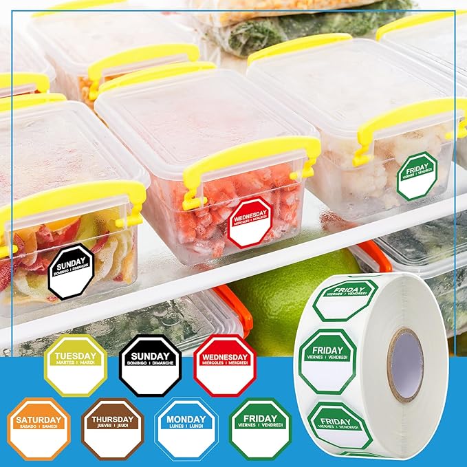 7000 Pcs Day of The Week Labels Food Labels Monday Through Sunday Management Inventory Stickers Removable Weekly Self Adhesive Date Dot Stickers for Restaurant Kitchen Containers (Octagon)