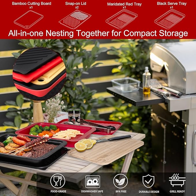 GAYIMEI Deep Grill Carry System with Lids, Cutting Board, Tong, Gift Ready BBQ Carry Tray for Prepping, Marinating and Serving, Diswasher Safe, Nesting Platters Black in Red