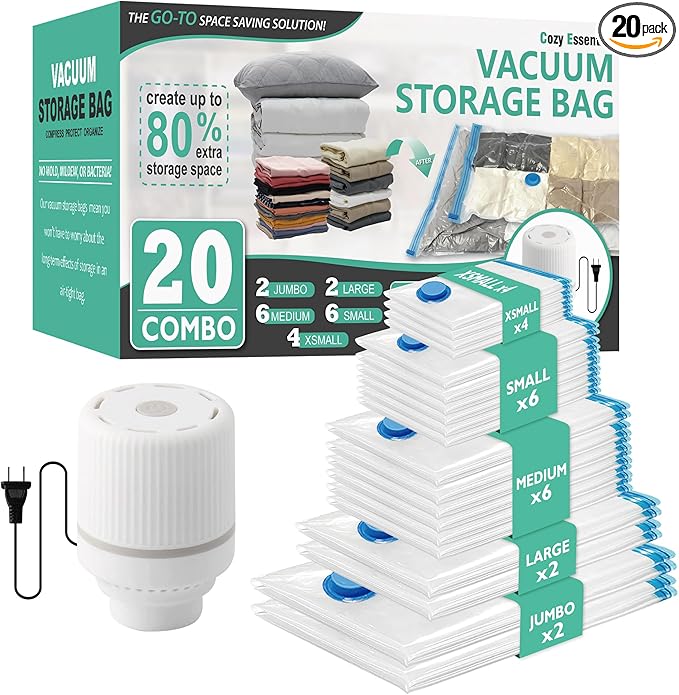 Cozy Essential 20 Pack Vacuum Storage Bags with Electric Pump, Vacuum Seal Space Saver Bags Compression for Clothing, Pillows, Blanket, Bedding, Comforters