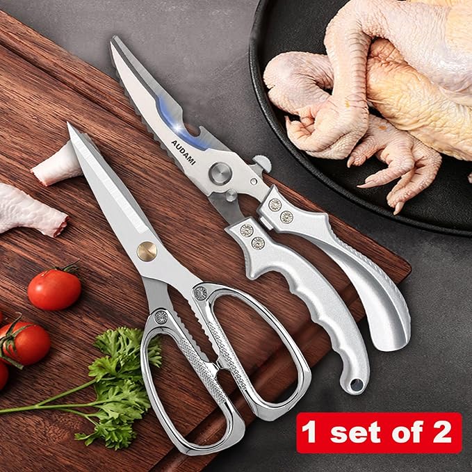 AUDAMI 2 Pack Kitchen Shears,Heavy Duty Stainless Steel All-Purpose Poultry Meat Scissors for Cooking-Dishwasher Safe