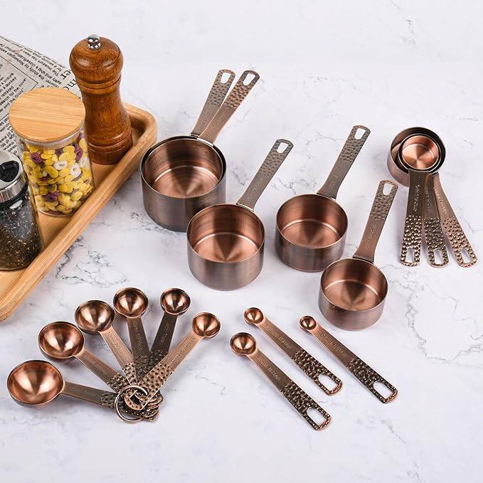SUNMVEHOT Copper Measuring Cups and Spoons Set 20 for Kitchen & Baking, Metric & US Stainless Steel Measuring Cups and Spoons with Leveler for Dry & Liquid, 8 Copper Plated Measure Cup & 9 Spoon