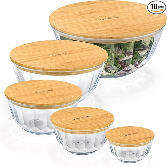 dokaworld Large Stackable Set of 5 Nesting Glass Bowls with Bamboo Lids for Foodprep, Storage, Baking, Sourdough Mixing & Cooking. Microwave & Oven Safe Heat Resistant Inert Borosilicate Glass