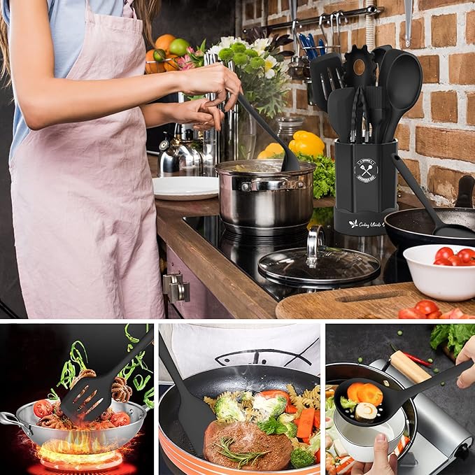 Silicone Kitchen Utensils Set, 16-Piece Silicone Cooking Utensils by Deedro, Heat Resistant Kitchen Tools Set with Holder, Nonstick Spatula Kitchen Gadgets for Cooking & Baking, Black