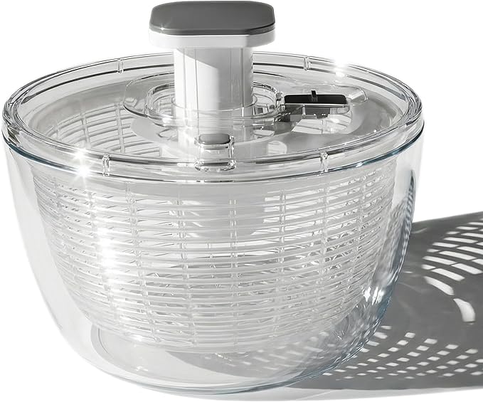 JARELLI Glass Salad Spinner Large Capacity 6.3QT with Storage Lid | Boroscilicate Glass Bowl and BPA-Free and Food-Safe Colander, Base, Spinner Lid and Storage Lid | Washing, Spinning, and Draining