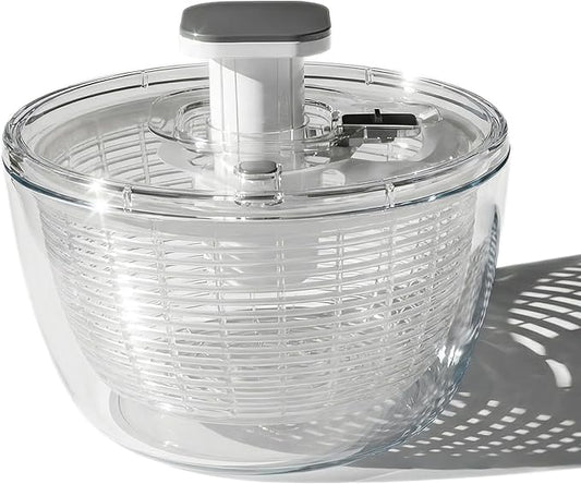 JARELLI Glass Salad Spinner Large Capacity 6.3QT with Storage Lid | Boroscilicate Glass Bowl and BPA-Free and Food-Safe Colander, Base, Spinner Lid and Storage Lid | Washing, Spinning, and Draining