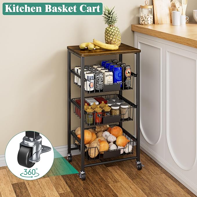 Giwil Vegetable Fruit Basket for Kitchen Pantry Organizers Storage, 4-Tier Utility Rolling Cart on Wheels with Wood Top and Drawer Wire Baskets for Onions Potatoes Snacks, Black