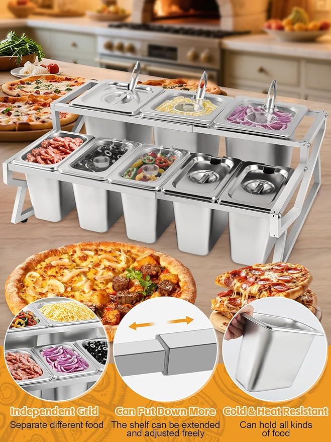 Lanstics Pizza Topping Station 8 Pans Pizza Storage Container Topping containers with Lids Spoon Condiment Organizers Buffet Containers Set for Restaurant Pizza Sauce Jam Fruit Ingredient