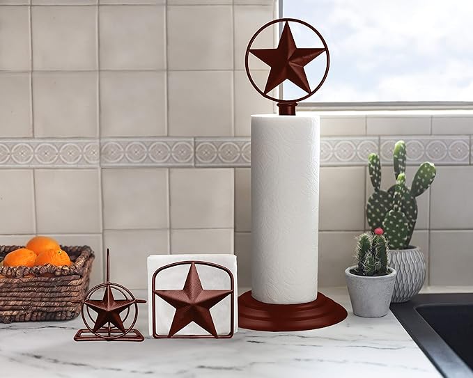 Brown Rustic Texas Star Paper Towel Holder, Napkin Holder, Salt and Pepper Shakers Holder, Country Farmhouse Iron Kitchen Counter Accessory Set Holders (Napkin Holder)