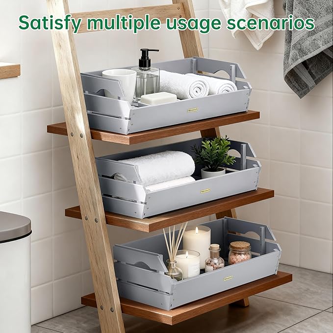 HABAU Potato Onion Storage Bin - Wood Stackable Produce Basket with Handles - Fruit and Vegetable Storage for Kitchen and Pantry Counter Organization - 3 Pack