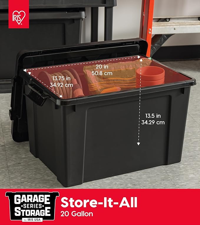 IRIS USA 20 Gallon Lockable Storage Bins with Lids, 6 Pack - Made in USA, Heavy Duty, Stackable Containers, Garage Organizing Bins Moving Tubs, Rugged Sturdy Equipment Utility Box - Black