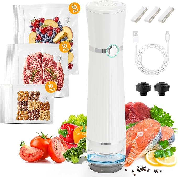 Sunvivi Portable Vacuum Sealer Machine: Food Storage Preservation, Automatic Air Sealing System with Reusable Bags, Wine Stopper & Kitchen Accessories, Handheld Food Saver for Home, Sous Vide, White