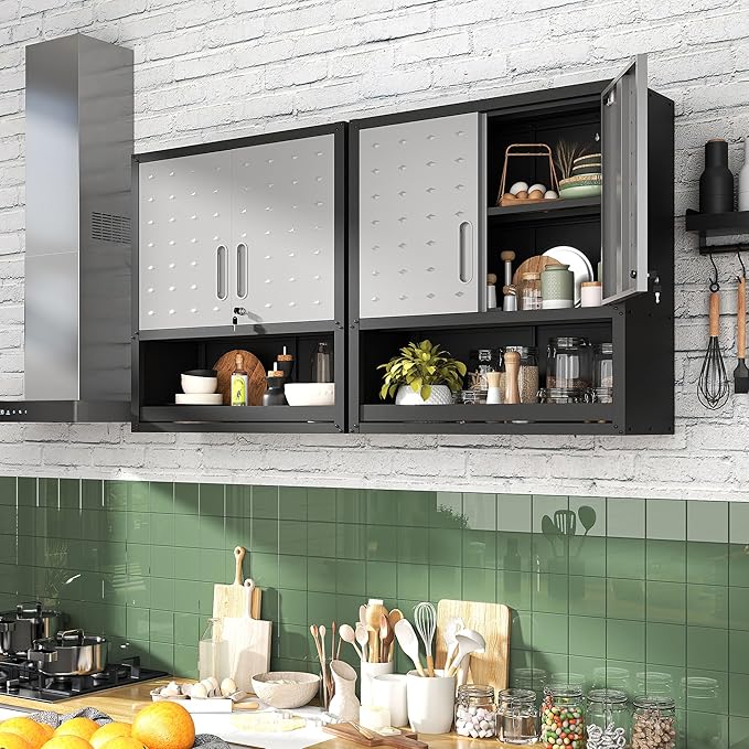 BIZOEIRON Metal Wall Cabinets with Doors and Shelves Black and Gray Garage Cabinets Wall Mounted Adjustable Storage Shelving Floating Garage Tool Cabinet,Wall Cabinet for Warehouse/Basement/Kitchen
