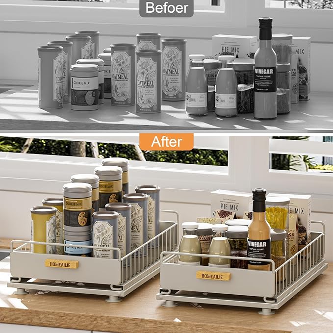 HOMEAILIE Under Sink Organizer, 2 Packs Under Sink Organizers and Storage, Slide Out Pull Out Cabinet Organizer Shelf with Metal Drawers for Kitchen Bathroom Pantry, Gray