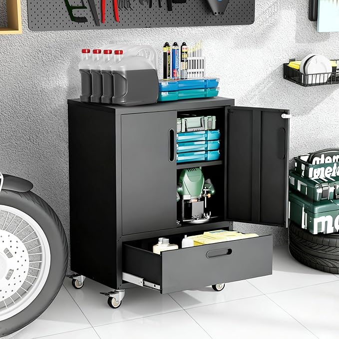 BIZOEIRON Metal Storage Cabinet with Wheels, Mobile Garage Storage Cabinet with 2 Lockable Doors and 1 Drawer, Rolling Tool Cabinet, Assembly Required, Black