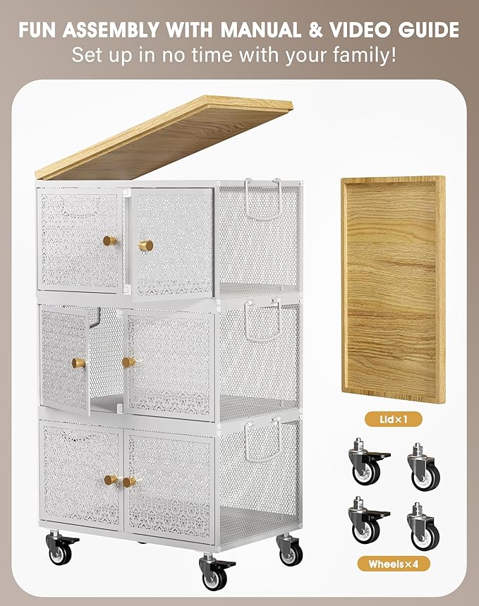 3 Tier Metal Storage Cabinet with wheels, Storage Bins with Magnetic Doors, Storage Cart for Living Room, Bedroom, Bathroom, Laundry, Kitchen