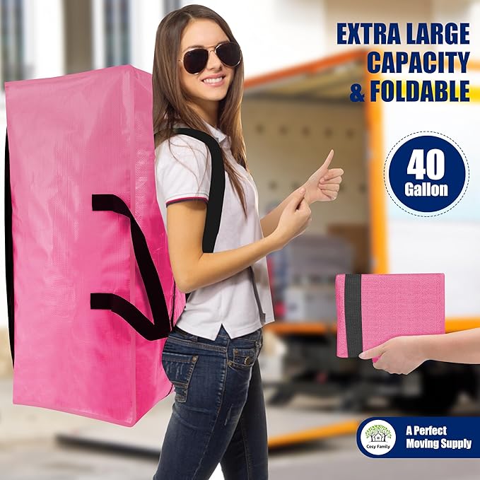 Cosy Family 8 Pack Heavy Duty Extra Large Moving Bags with Backpack Straps - Strong Handles & Zippers, Storage Totes For Space Saving, Fold Flat, Alternative to Moving Box (40 gal, Pink)