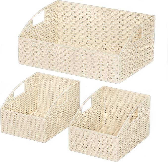 Ollieroo Rattan Storage Baskets, Handwoven Wicker Storage Bins with Built-in Handles, Storage Container Baskets for Shelves, Bedroom, Bathroom, Laundry Room or Kitchen(Beige)