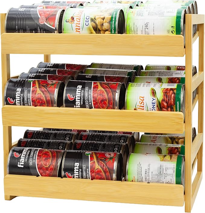 MinBoo Bamboo Can Organizer for Pantry - Stackable Can Rack for 36 Cans, Canned Food Storage, Pantry Shelf, Kitchen Cabinet or Countertop,Large