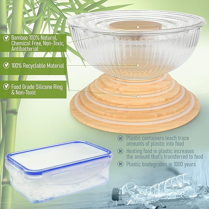 dokaworld Stackable Space-Saving Set of 5 Nesting Glass Bowls with Bamboo Lids for Foodprep, Storage, Baking, Mixing & Cooking, Microwave & Oven Safe BPA Free Heat Resistant Inert Borosilicate Glass