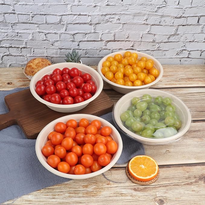 JAYEEY 32 oz Round Disposable bowls with lids,Sugarcane Paper Bowls take away food containers Plant Fibers Freezer Safe 50 Pack