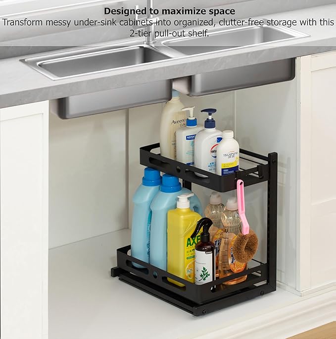 Basicwise Adjustable Height Under Sink Pull-Out Organizer Sliding Shelf Rack Heavy-Duty Mesh Baskets for Kitchen & Bathroom Cabinets Ideal for Tall Bottles Cleaning Supplies & Tight Spaces, Set of 2