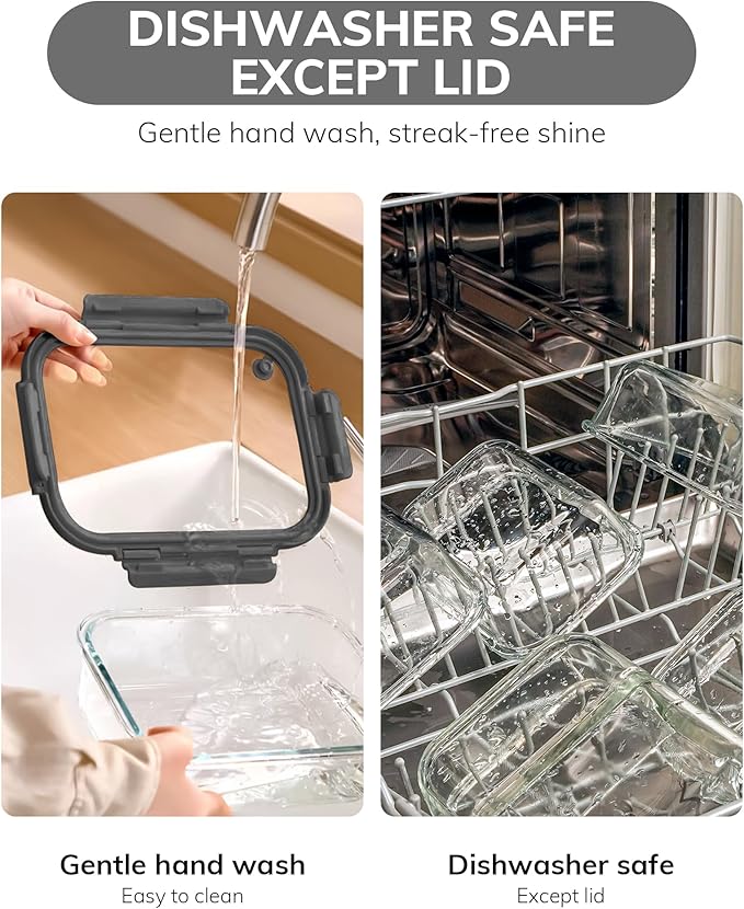 BOROHOUSE 2-Pack Glass Food Storage Containers with Tempered Lids (630ml/2.7cup) - Airtight Snap Lock, Microwave & Oven Safe (-4℉~ 950°F), Freezer to Baking Dish, BPA-Free, Gift Box (Gray)