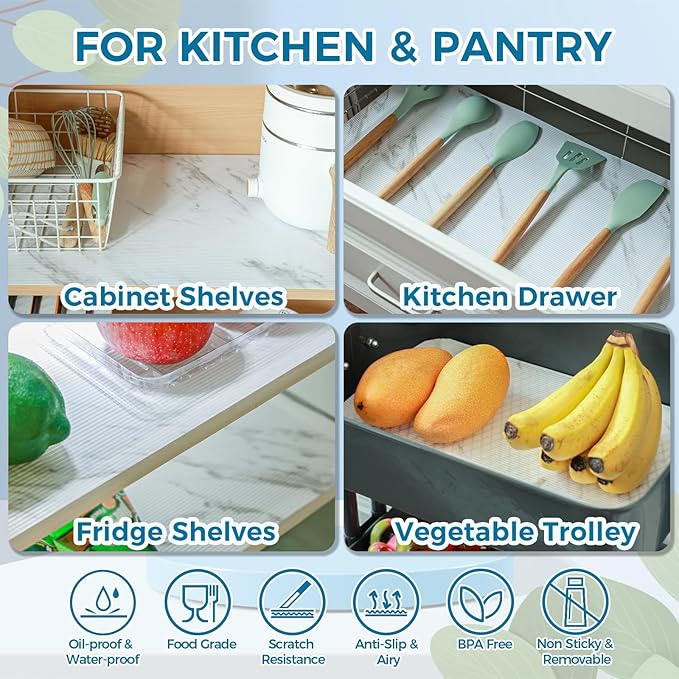 Hersvin Shelf Liners 14 in x 20 ft EVA Drawer Mats, Non-Adhesive Cupboard Protector, Kitchen Cabinet Lining Fridge Liner (White Marble Stripe, 35.6x610cm)
