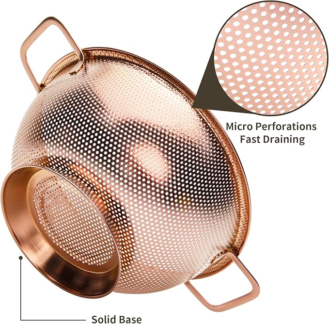 BLAGAIN Colander 3-Quart with Handle, Food Metal Strainer for Kitchen Sink, Pasta Pot for Noodles Vegetables and Fruits, Stainless Steel, Rose Gold
