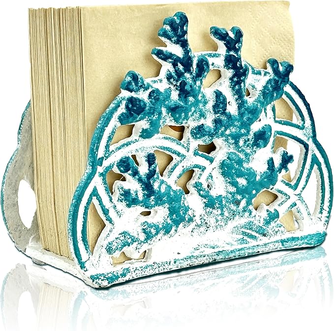 Linton Arts Cast Iron Napkin Holder for Table, Decorative Coral Design Cocktail Napkin Holder, Heavy Duty Napkin Dispenser for Paper Napkins, Kitchen Island & Bathroom Decor