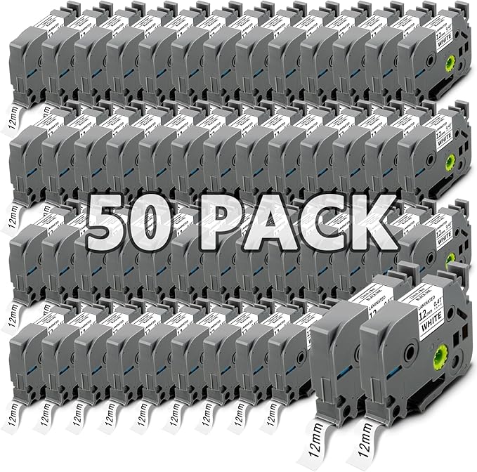 50x Replace for Brother 12mm 0.47 Laminated White TZ Tape, P Touch Label Tape Compatible with Brother Label Maker PTouch PTH210 PTD220 PTH110 PT-1280 PT-1880, Black on White, 1/2 Inch x 26.2 Feet