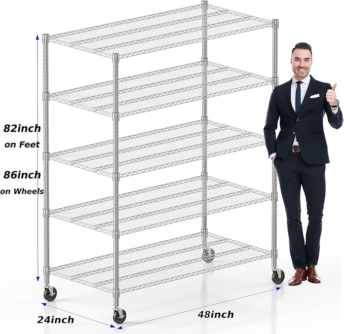 Homdox 5 Tier Heavy Duty Metal Shelves, Storage Racks and Shelving with Wheels, Commercial Adjustable Wire Shelving Unit, Garage Rack Pantry Shelves Kitchen Shelving, Chrome