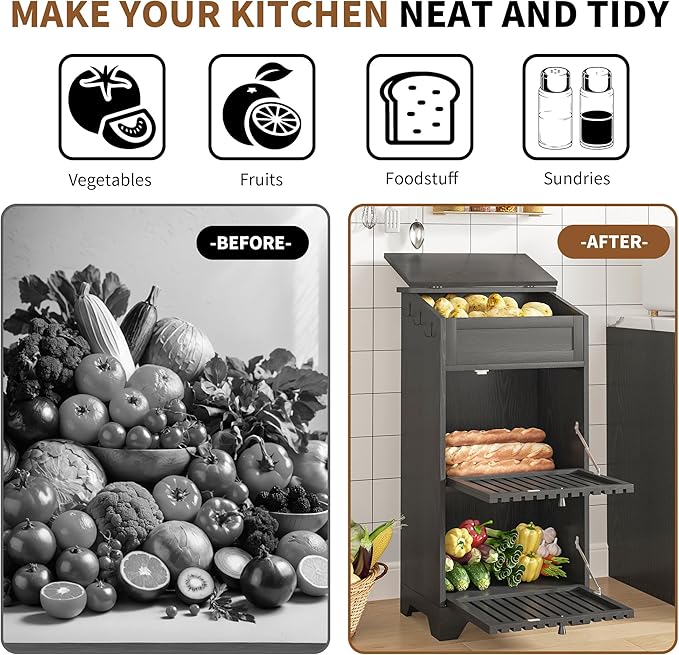 Onion and Potato Storage Bin Box, Farmhouse Fruit and Vegetable Storage, Small Food Kitchen Pantry Cabinet for Snack, Large Bread Box for Homemade Bread, Black Potato Bins