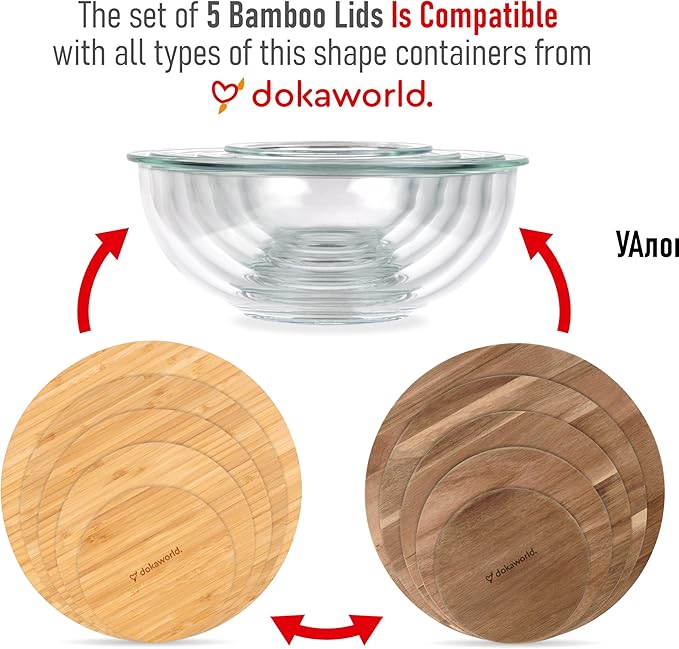 dokaworld Glass Mixing Bowls Bamboo Lids - Lids are compatible with all Glass Mixing Bowls Set